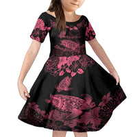 Personalised Polynesian Turtle Ribbon Family Matching Off Shoulder Short Dress and Hawaiian Shirt Think Pink Breast Cancer With Pacific Hibiscus LT9 Daughter's Dress Pink - Polynesian Pride