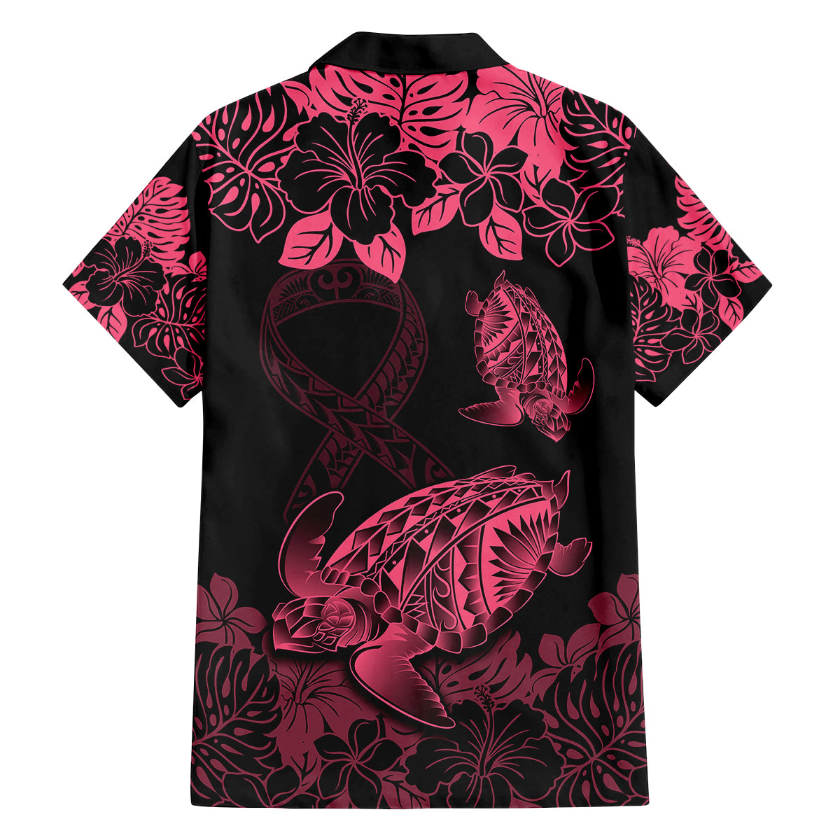Personalised Polynesian Turtle Ribbon Family Matching Off Shoulder Short Dress and Hawaiian Shirt Think Pink Breast Cancer With Pacific Hibiscus LT9 - Polynesian Pride