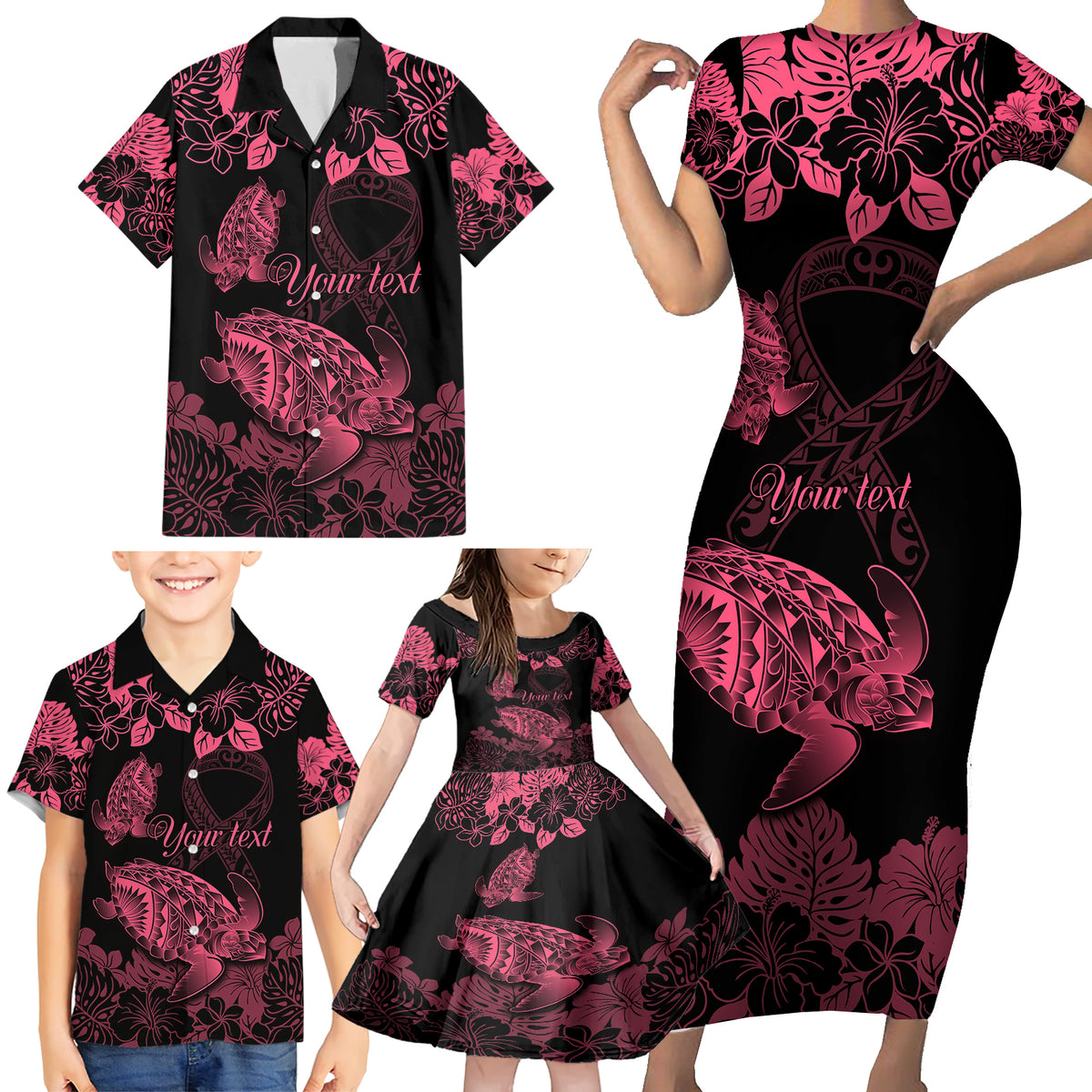 Personalised Polynesian Turtle Ribbon Family Matching Short Sleeve Bodycon Dress and Hawaiian Shirt Think Pink Breast Cancer With Pacific Hibiscus LT9 - Polynesian Pride