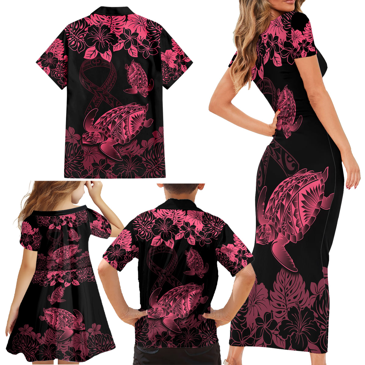 Personalised Polynesian Turtle Ribbon Family Matching Short Sleeve Bodycon Dress and Hawaiian Shirt Think Pink Breast Cancer With Pacific Hibiscus LT9 - Polynesian Pride