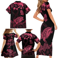 Personalised Polynesian Turtle Ribbon Family Matching Short Sleeve Bodycon Dress and Hawaiian Shirt Think Pink Breast Cancer With Pacific Hibiscus LT9 - Polynesian Pride