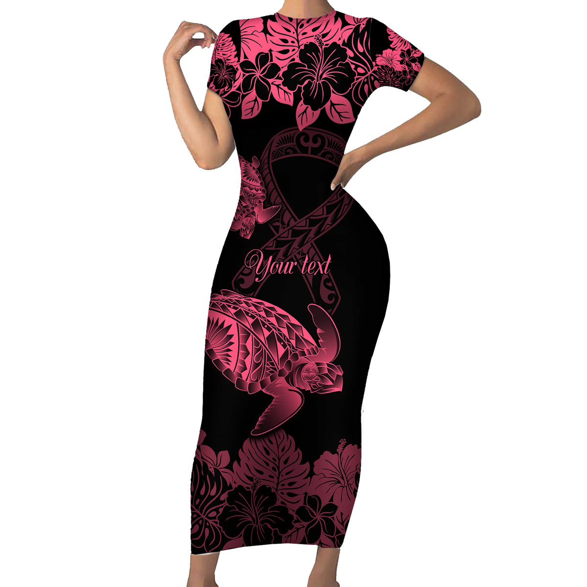 Personalised Polynesian Turtle Ribbon Family Matching Short Sleeve Bodycon Dress and Hawaiian Shirt Think Pink Breast Cancer With Pacific Hibiscus LT9 Mom's Dress Pink - Polynesian Pride