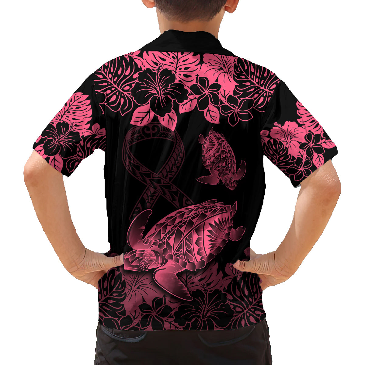 Personalised Polynesian Turtle Ribbon Family Matching Summer Maxi Dress and Hawaiian Shirt Think Pink Breast Cancer With Pacific Hibiscus LT9 - Polynesian Pride