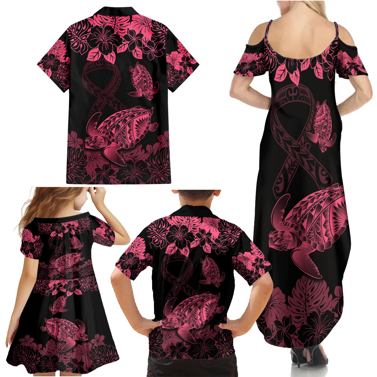 Personalised Polynesian Turtle Ribbon Family Matching Summer Maxi Dress and Hawaiian Shirt Think Pink Breast Cancer With Pacific Hibiscus LT9 - Polynesian Pride
