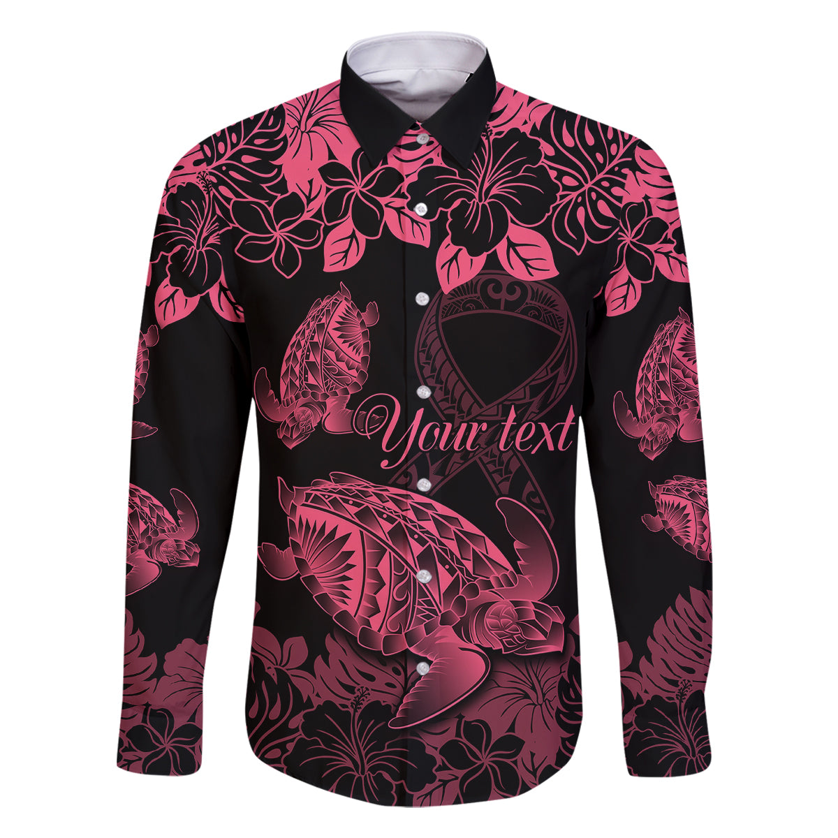 Personalised Polynesian Turtle Ribbon Family Matching Summer Maxi Dress and Hawaiian Shirt Think Pink Breast Cancer With Pacific Hibiscus LT9 Dad's Shirt - Long Sleeve Pink - Polynesian Pride