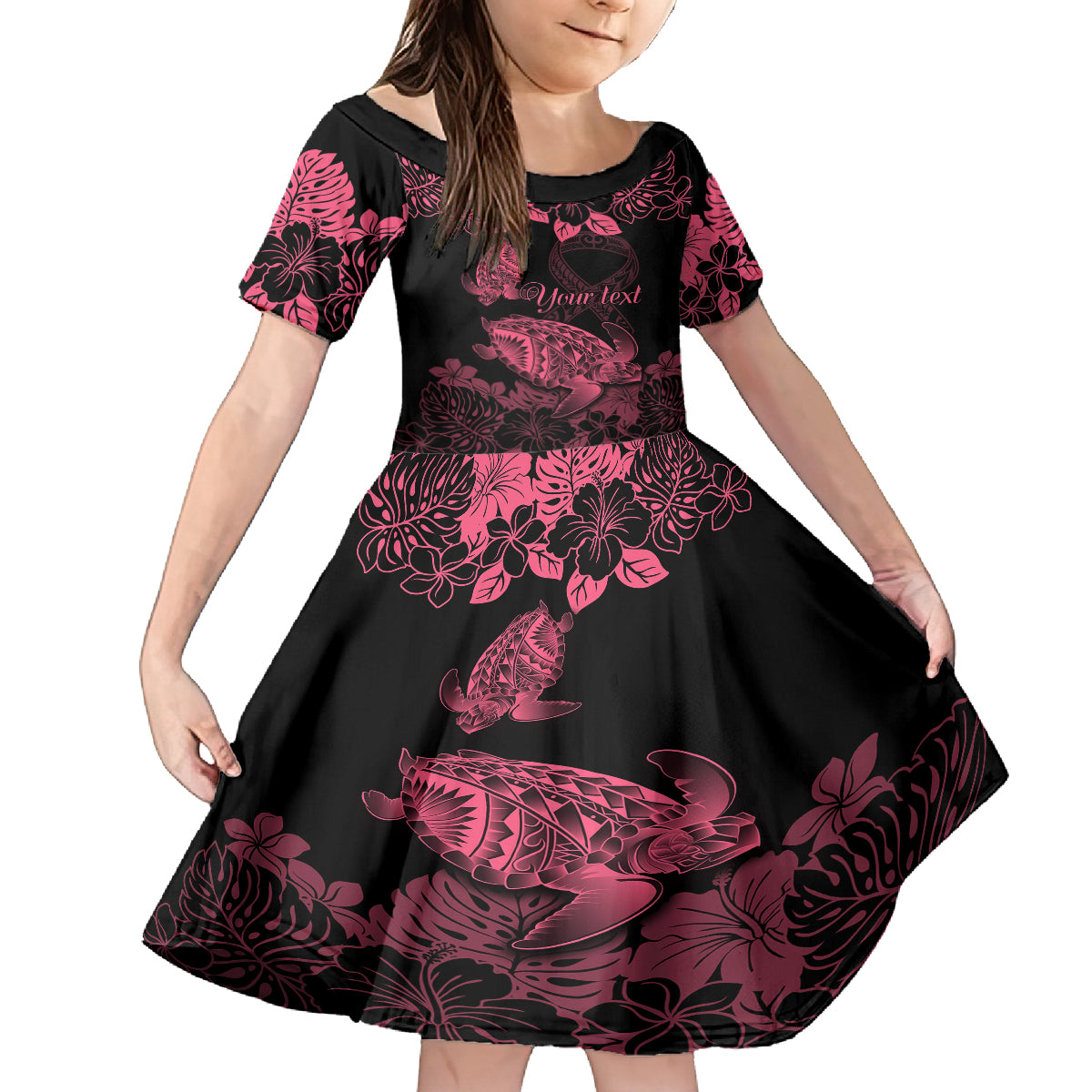 Personalised Polynesian Turtle Ribbon Family Matching Tank Maxi Dress and Hawaiian Shirt Think Pink Breast Cancer With Pacific Hibiscus LT9 Daughter's Dress Pink - Polynesian Pride