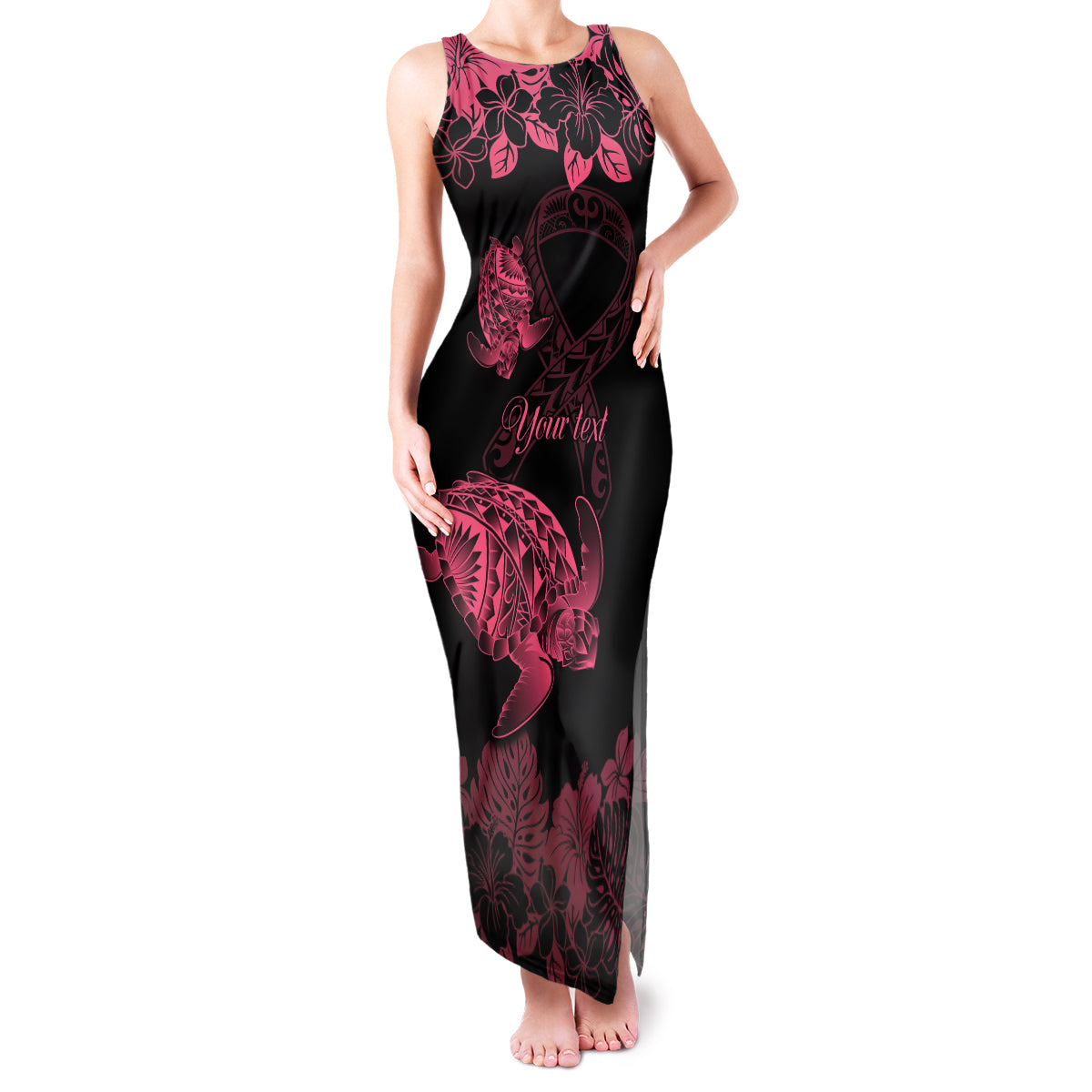 Personalised Polynesian Turtle Ribbon Family Matching Tank Maxi Dress and Hawaiian Shirt Think Pink Breast Cancer With Pacific Hibiscus LT9 Mom's Dress Pink - Polynesian Pride