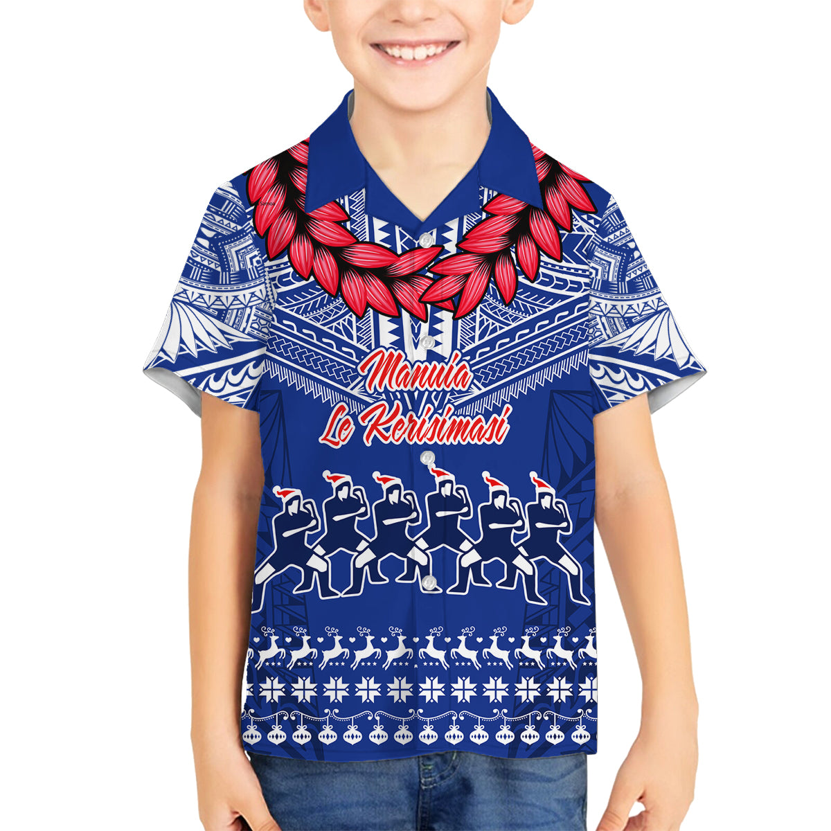 Toa Samoa Christmas Family Matching Off Shoulder Long Sleeve Dress and Hawaiian Shirt Samoa Siva Tau Manuia Le Kerisimasi Blue Vibe LT9 Son's Shirt Blue - Polynesian Pride
