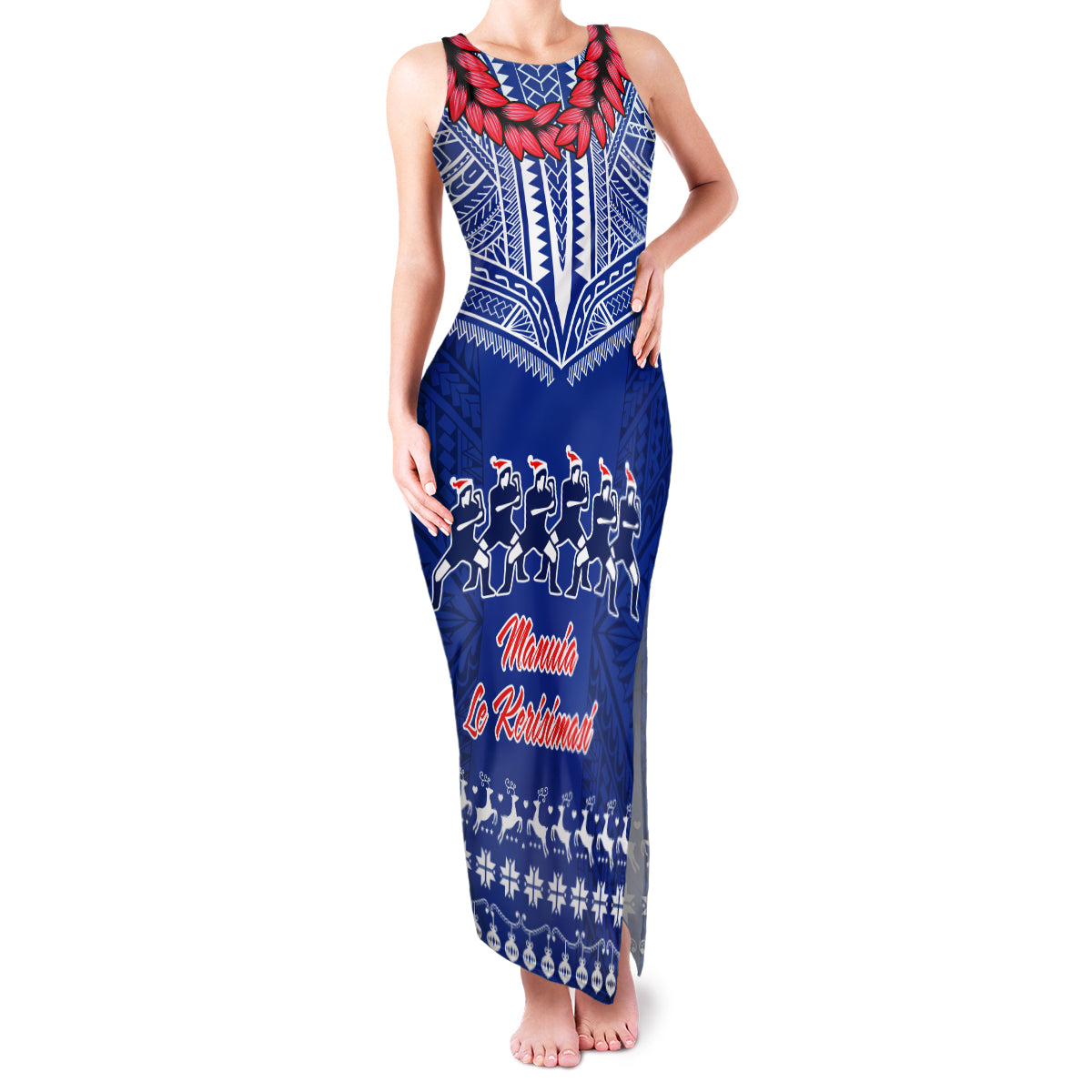 Toa Samoa Christmas Family Matching Tank Maxi Dress and Hawaiian Shirt Samoa Siva Tau Manuia Le Kerisimasi Blue Vibe LT9 Mom's Dress Blue - Polynesian Pride