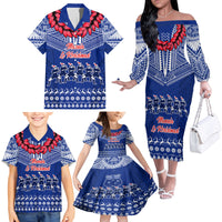 Personalised Toa Samoa Christmas Family Matching Off Shoulder Long Sleeve Dress and Hawaiian Shirt Samoa Siva Tau Manuia Le Kerisimasi Blue Vibe LT9 - Polynesian Pride