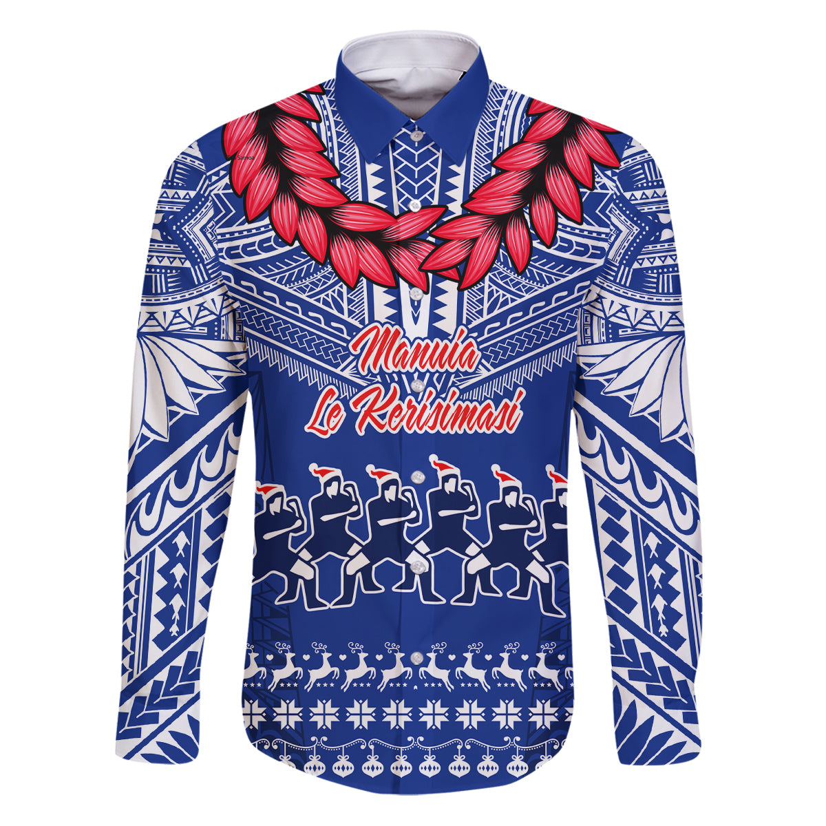Personalised Toa Samoa Christmas Family Matching Puletasi Dress and Hawaiian Shirt Samoa Siva Tau Manuia Le Kerisimasi Blue Vibe LT9 Dad's Shirt - Long Sleeve Blue - Polynesian Pride