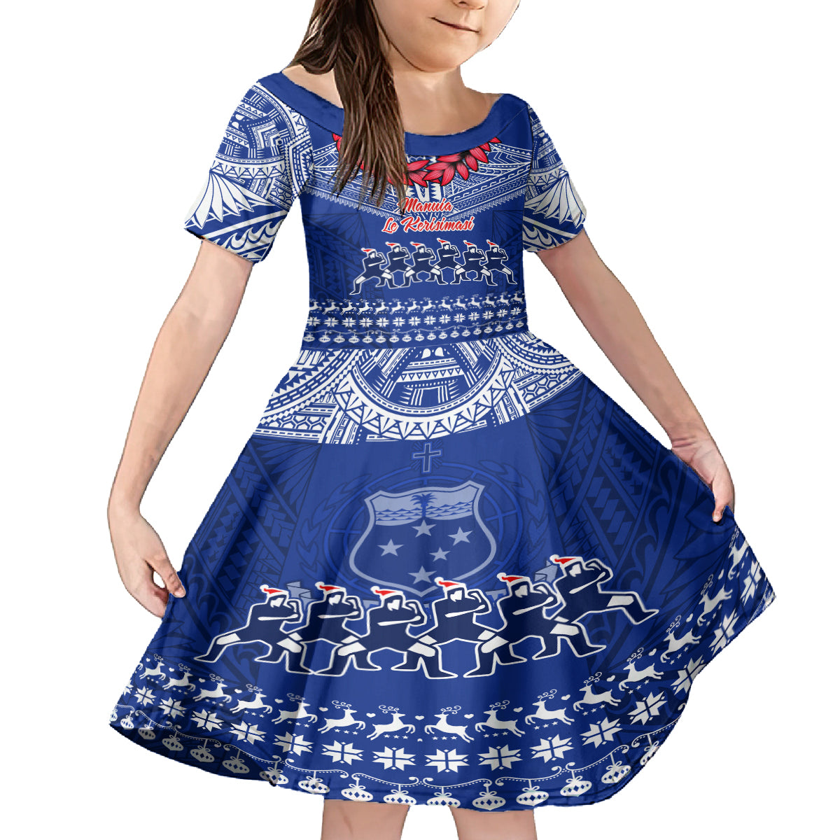 Personalised Toa Samoa Christmas Family Matching Tank Maxi Dress and Hawaiian Shirt Samoa Siva Tau Manuia Le Kerisimasi Blue Vibe LT9 Daughter's Dress Blue - Polynesian Pride