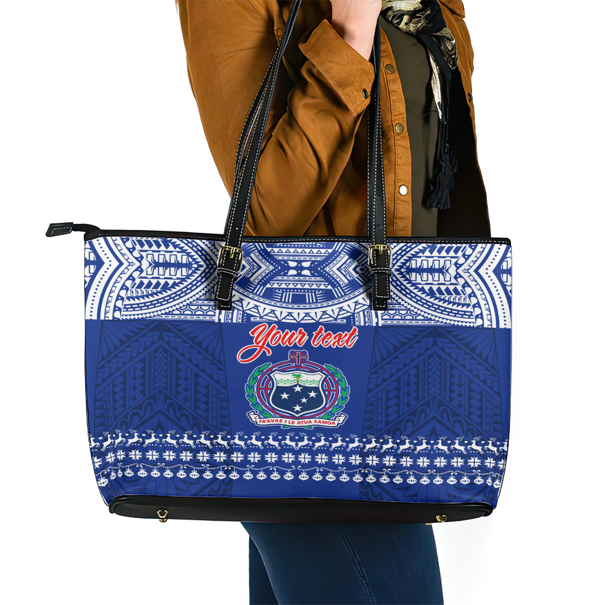 Personalised Toa Samoa Christmas Leather Tote Bag Samoa Siva Tau Manuia Le Kerisimasi Blue Vibe LT9 - Polynesian Pride