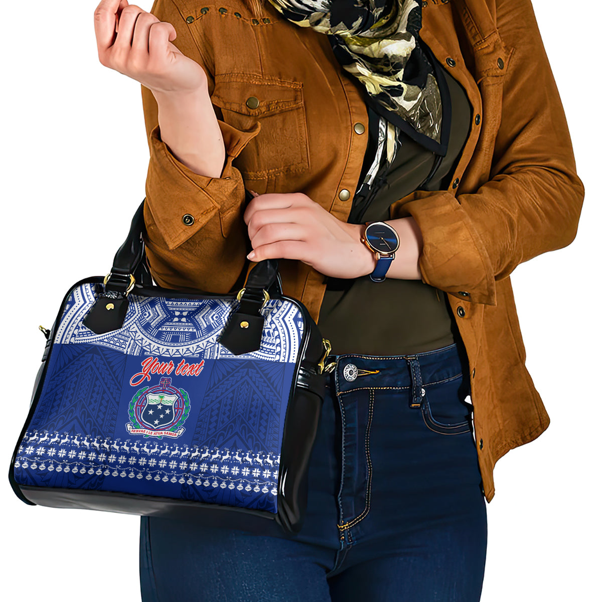 Personalised Toa Samoa Christmas Shoulder Handbag Samoa Siva Tau Manuia Le Kerisimasi Blue Vibe LT9 - Polynesian Pride