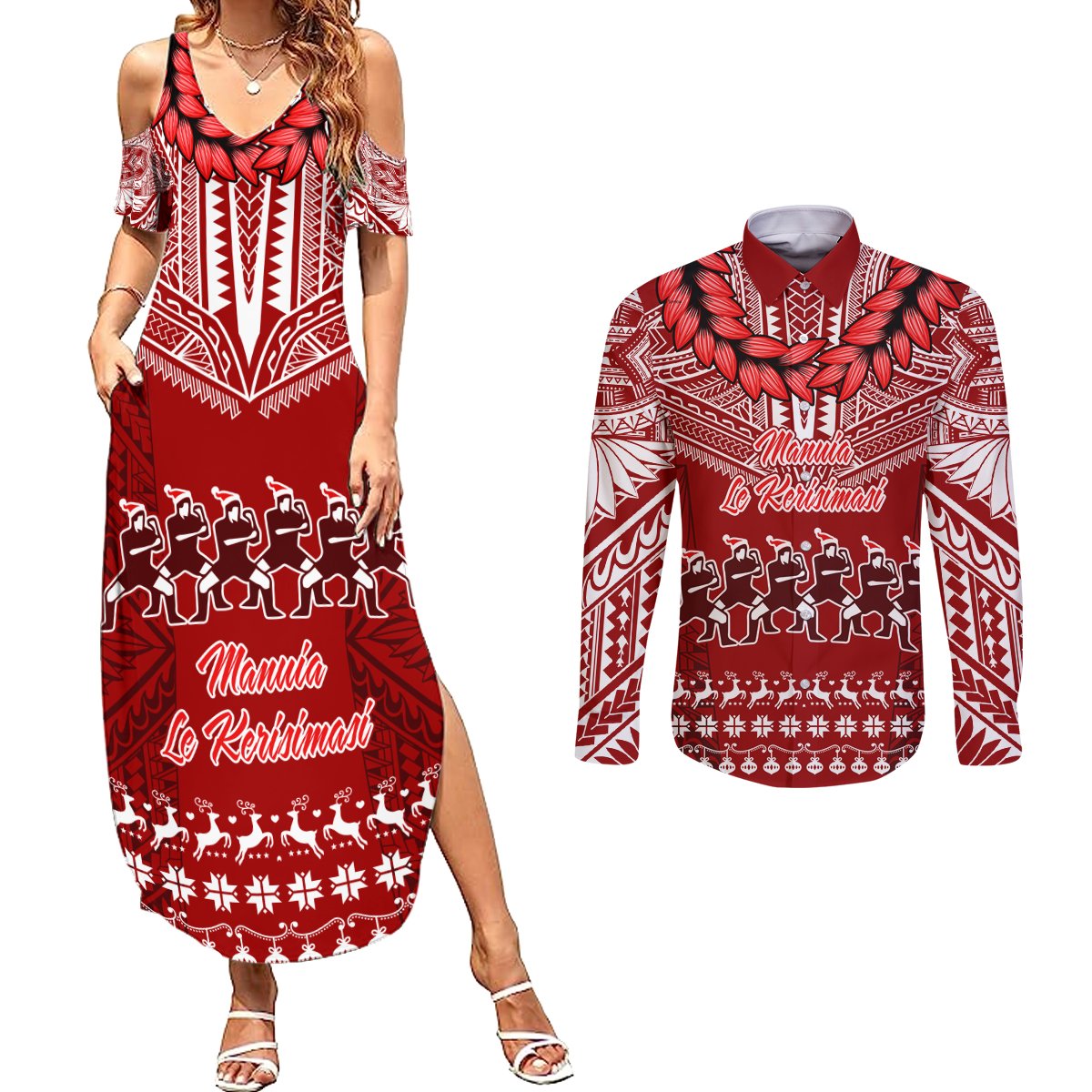 Personalised Toa Samoa Christmas Couples Matching Summer Maxi Dress and Long Sleeve Button Shirt Samoa Siva Tau Manuia Le Kerisimasi Red Vibe LT9 Red - Polynesian Pride