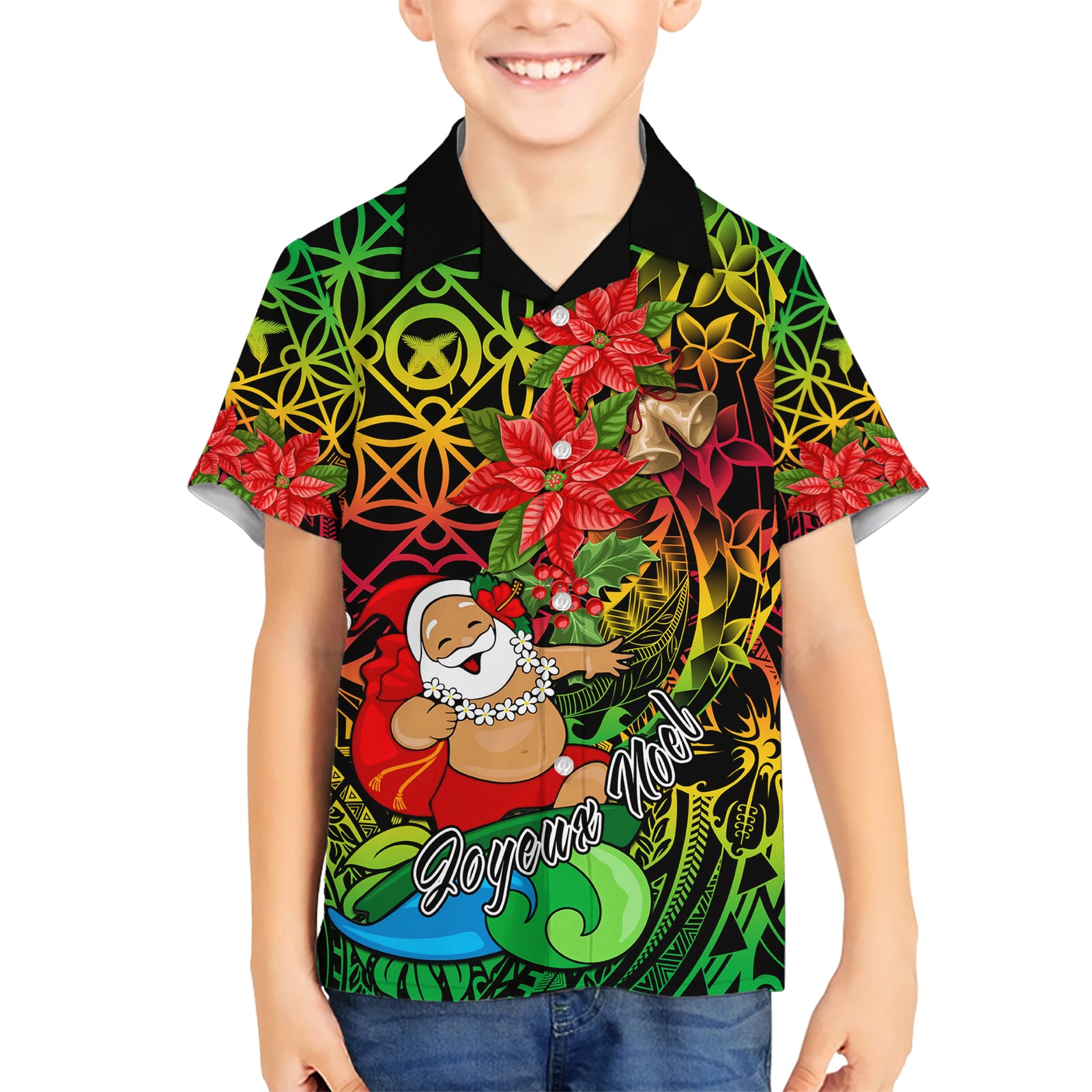 Personalised Vanuatu Joyeux Noel Kid Hawaiian Shirt Christmas Santas God Yumi LT9 Kid Reggae - Polynesian Pride