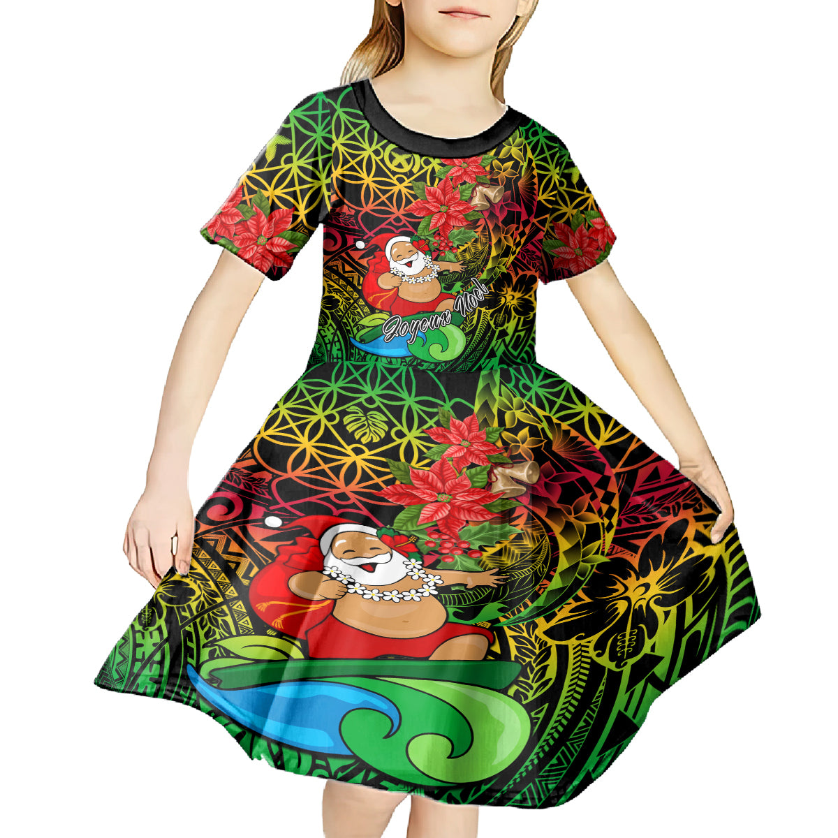 Personalised Vanuatu Joyeux Noel Kid Short Sleeve Dress Christmas Santas God Yumi LT9 - Polynesian Pride