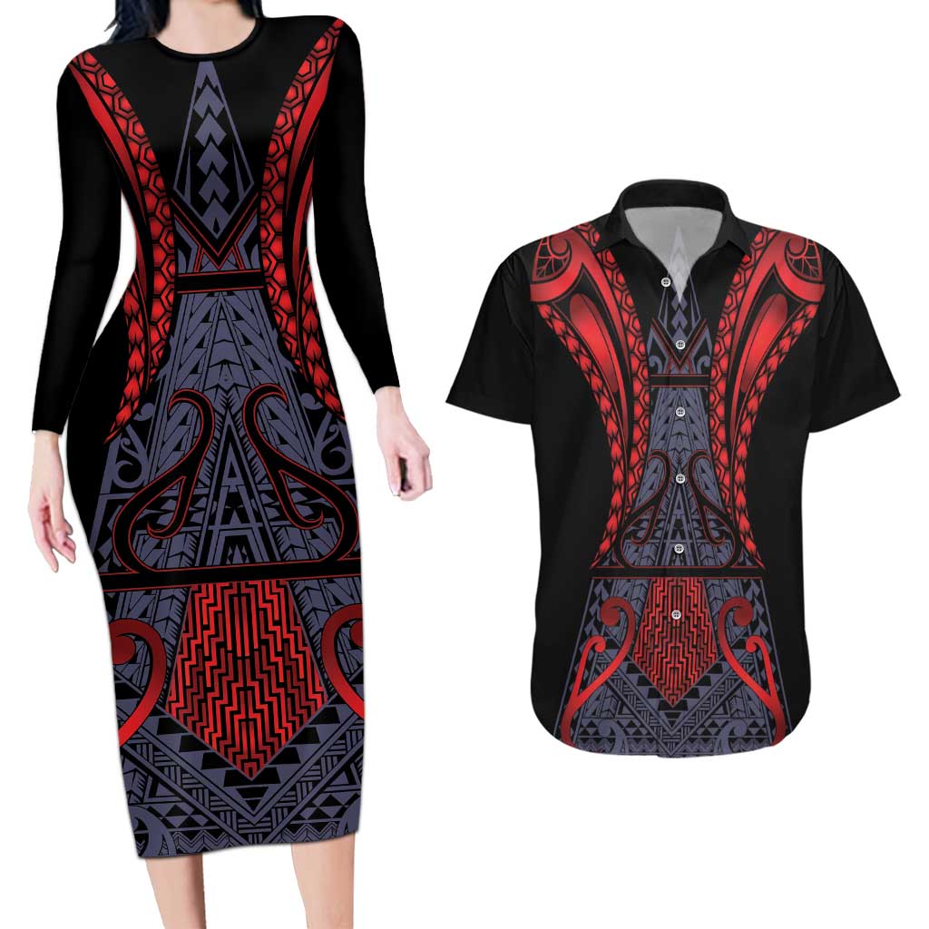 Custom New Zealand Couples Matching Long Sleeve Bodycon Dress and Hawaiian Shirt Maori Kiwiana Pattern Tukutuku Motif LT9 Red - Polynesian Pride