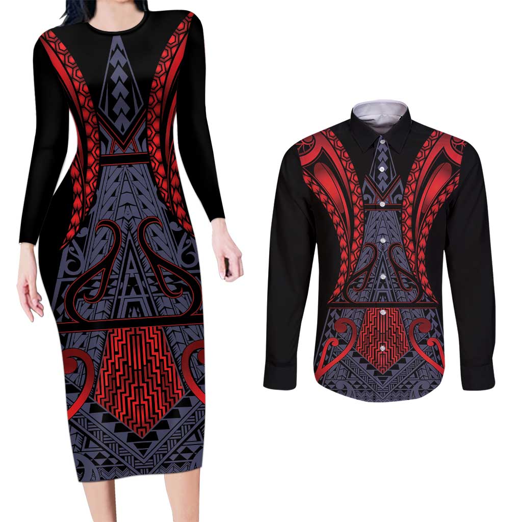 Custom New Zealand Couples Matching Long Sleeve Bodycon Dress and Long Sleeve Button Shirt Maori Kiwiana Pattern Tukutuku Motif LT9 Red - Polynesian Pride