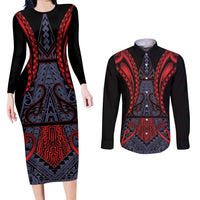 Custom New Zealand Couples Matching Long Sleeve Bodycon Dress and Long Sleeve Button Shirt Maori Kiwiana Pattern Tukutuku Motif LT9 Red - Polynesian Pride