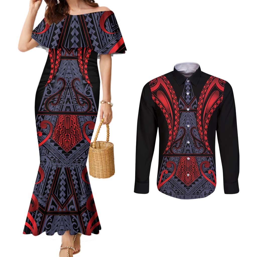 Custom New Zealand Couples Matching Mermaid Dress and Long Sleeve Button Shirt Maori Kiwiana Pattern Tukutuku Motif LT9 Red - Polynesian Pride