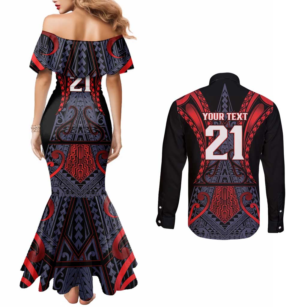 Custom New Zealand Couples Matching Mermaid Dress and Long Sleeve Button Shirt Maori Kiwiana Pattern Tukutuku Motif LT9 - Polynesian Pride