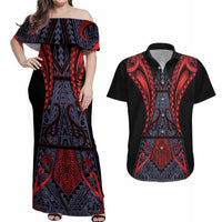 Custom New Zealand Couples Matching Off Shoulder Maxi Dress and Hawaiian Shirt Maori Kiwiana Pattern Tukutuku Motif LT9 Red - Polynesian Pride