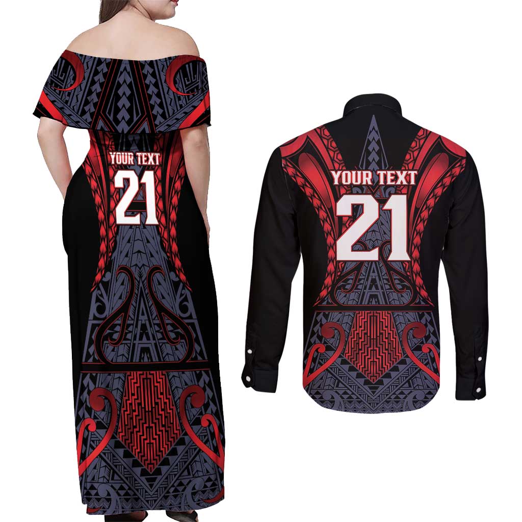 Custom New Zealand Couples Matching Off Shoulder Maxi Dress and Long Sleeve Button Shirt Maori Kiwiana Pattern Tukutuku Motif LT9 - Polynesian Pride