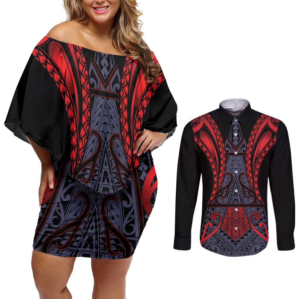 Custom New Zealand Couples Matching Off Shoulder Short Dress and Long Sleeve Button Shirt Maori Kiwiana Pattern Tukutuku Motif LT9 Red - Polynesian Pride