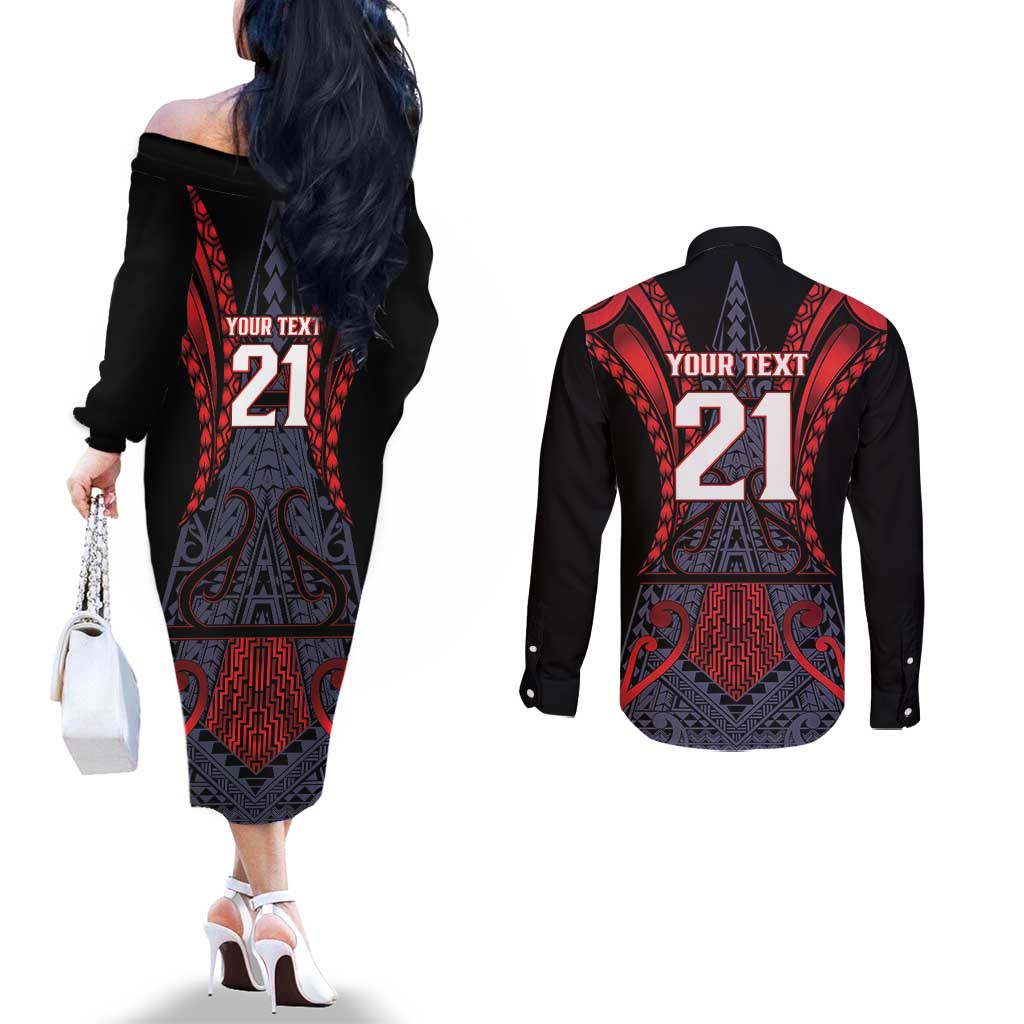 Custom New Zealand Couples Matching Off The Shoulder Long Sleeve Dress and Long Sleeve Button Shirt Maori Kiwiana Pattern Tukutuku Motif LT9 - Polynesian Pride