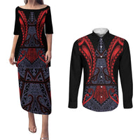 Custom New Zealand Couples Matching Puletasi and Long Sleeve Button Shirt Maori Kiwiana Pattern Tukutuku Motif LT9 Red - Polynesian Pride