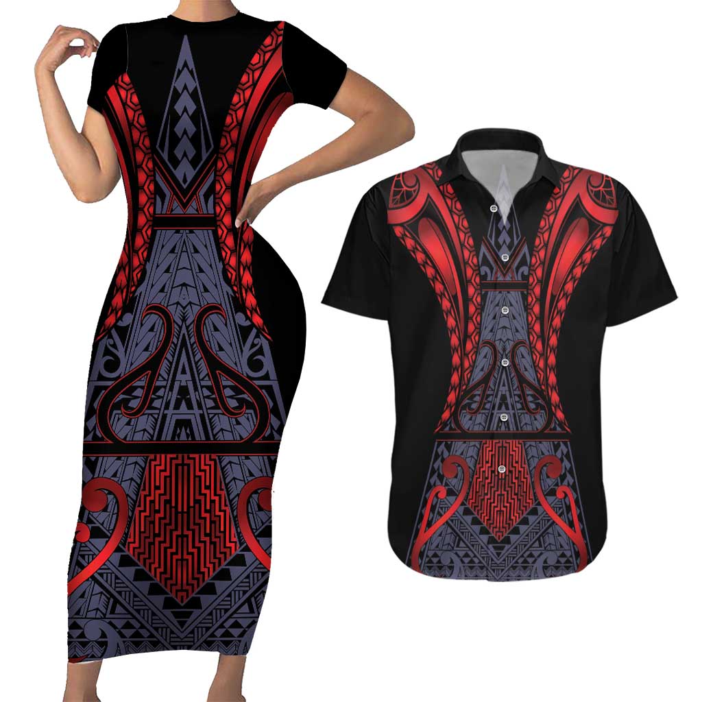 Custom New Zealand Couples Matching Short Sleeve Bodycon Dress and Hawaiian Shirt Maori Kiwiana Pattern Tukutuku Motif LT9 Red - Polynesian Pride