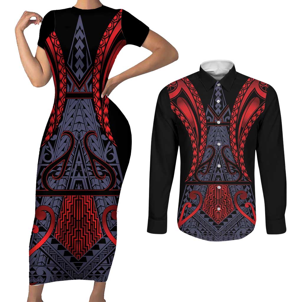 Custom New Zealand Couples Matching Short Sleeve Bodycon Dress and Long Sleeve Button Shirt Maori Kiwiana Pattern Tukutuku Motif LT9 Red - Polynesian Pride