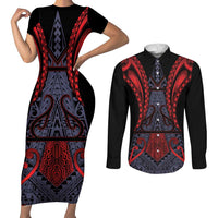 Custom New Zealand Couples Matching Short Sleeve Bodycon Dress and Long Sleeve Button Shirt Maori Kiwiana Pattern Tukutuku Motif LT9 Red - Polynesian Pride