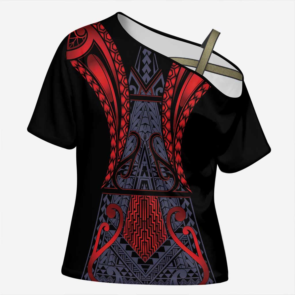 Custom New Zealand Cross Shoulder Shirt Maori Kiwiana Pattern Tukutuku Motif LT9 Female Red - Polynesian Pride