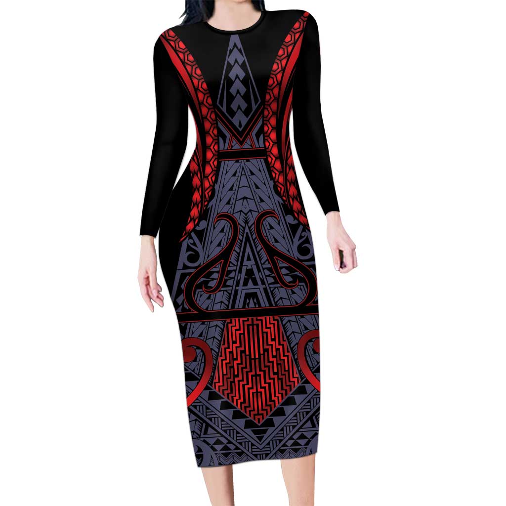 Custom New Zealand Family Matching Long Sleeve Bodycon Dress and Hawaiian Shirt Maori Kiwiana Pattern Tukutuku Motif LT9 Mom's Dress Red - Polynesian Pride