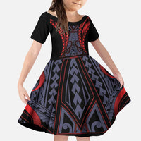 Custom New Zealand Family Matching Off The Shoulder Long Sleeve Dress and Hawaiian Shirt Maori Kiwiana Pattern Tukutuku Motif LT9 Daughter's Dress Red - Polynesian Pride