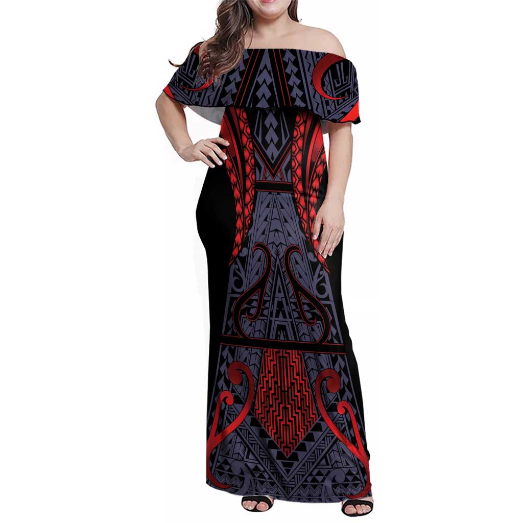 Custom New Zealand Family Matching Off Shoulder Maxi Dress and Hawaiian Shirt Maori Kiwiana Pattern Tukutuku Motif LT9 Mom's Dress Red - Polynesian Pride