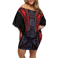 Custom New Zealand Family Matching Off Shoulder Short Dress and Hawaiian Shirt Maori Kiwiana Pattern Tukutuku Motif LT9 Mom's Dress Red - Polynesian Pride