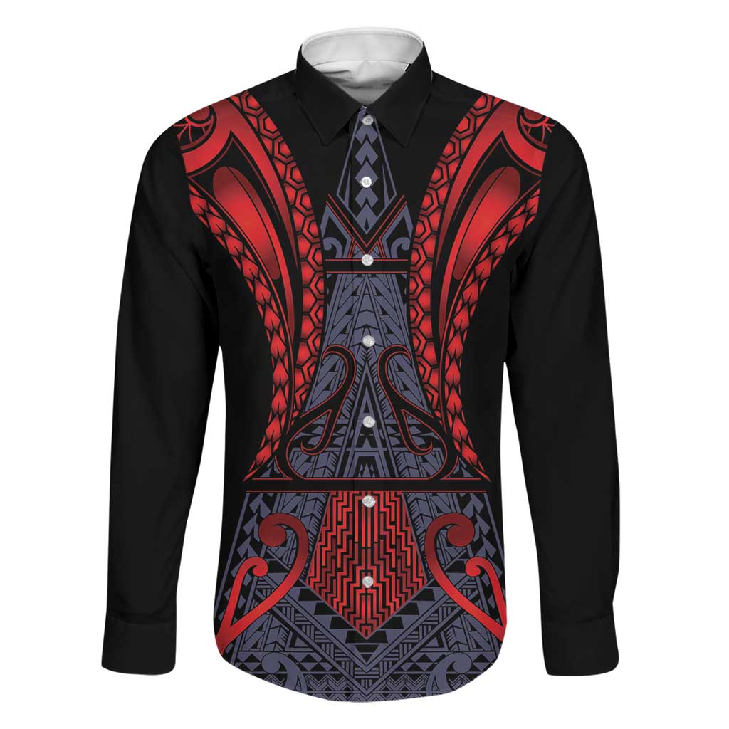 Custom New Zealand Family Matching Puletasi and Hawaiian Shirt Maori Kiwiana Pattern Tukutuku Motif LT9 Dad's Shirt - Long Sleeve Red - Polynesian Pride