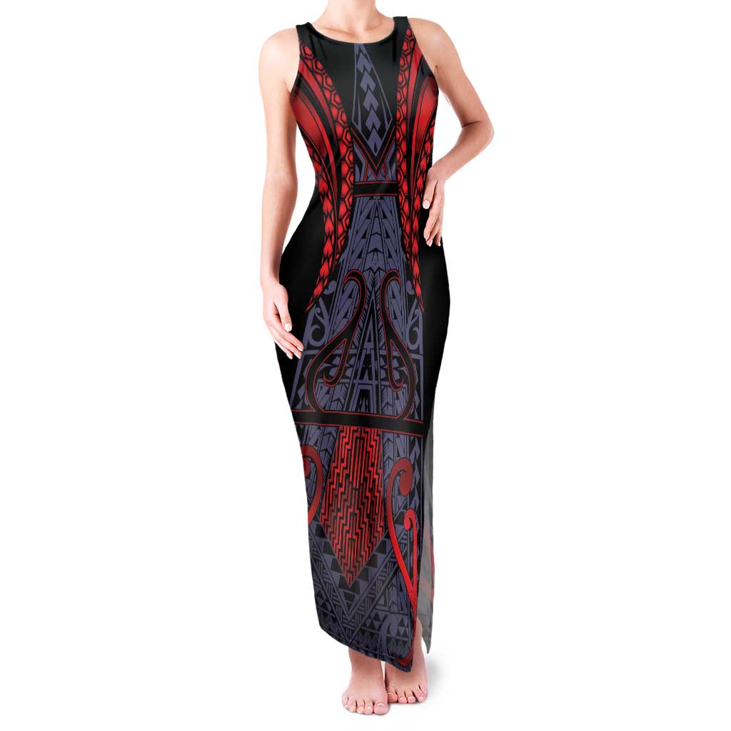 Custom New Zealand Family Matching Tank Maxi Dress and Hawaiian Shirt Maori Kiwiana Pattern Tukutuku Motif LT9 Mom's Dress Red - Polynesian Pride