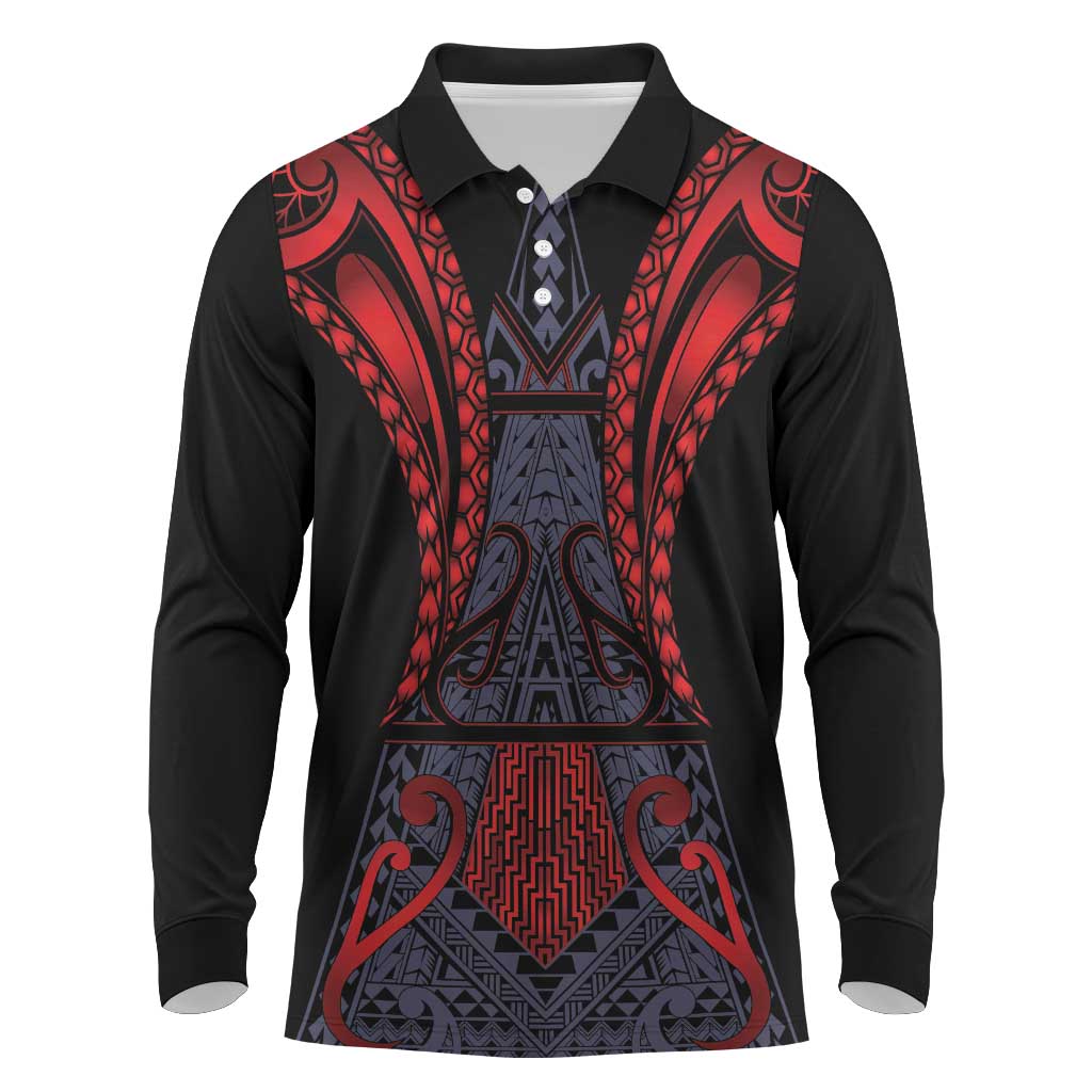 Custom New Zealand Long Sleeve Polo Shirt Maori Kiwiana Pattern Tukutuku Motif LT9 Red - Polynesian Pride