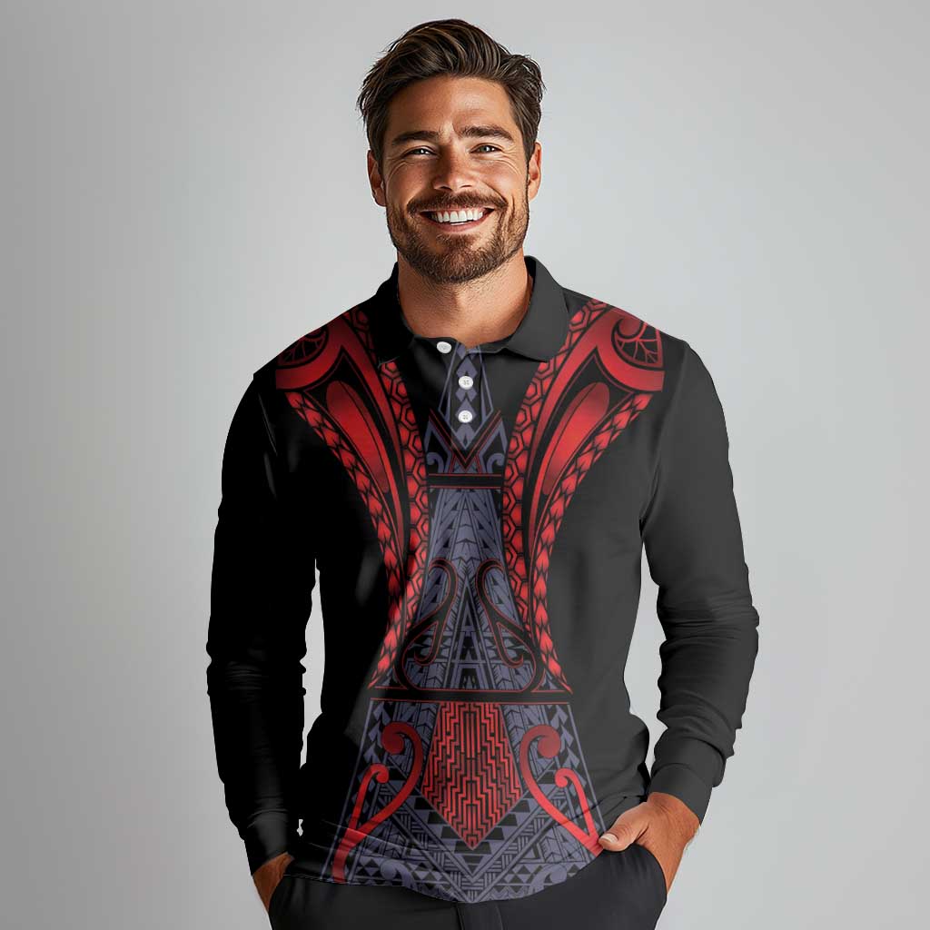Custom New Zealand Long Sleeve Polo Shirt Maori Kiwiana Pattern Tukutuku Motif LT9 - Polynesian Pride