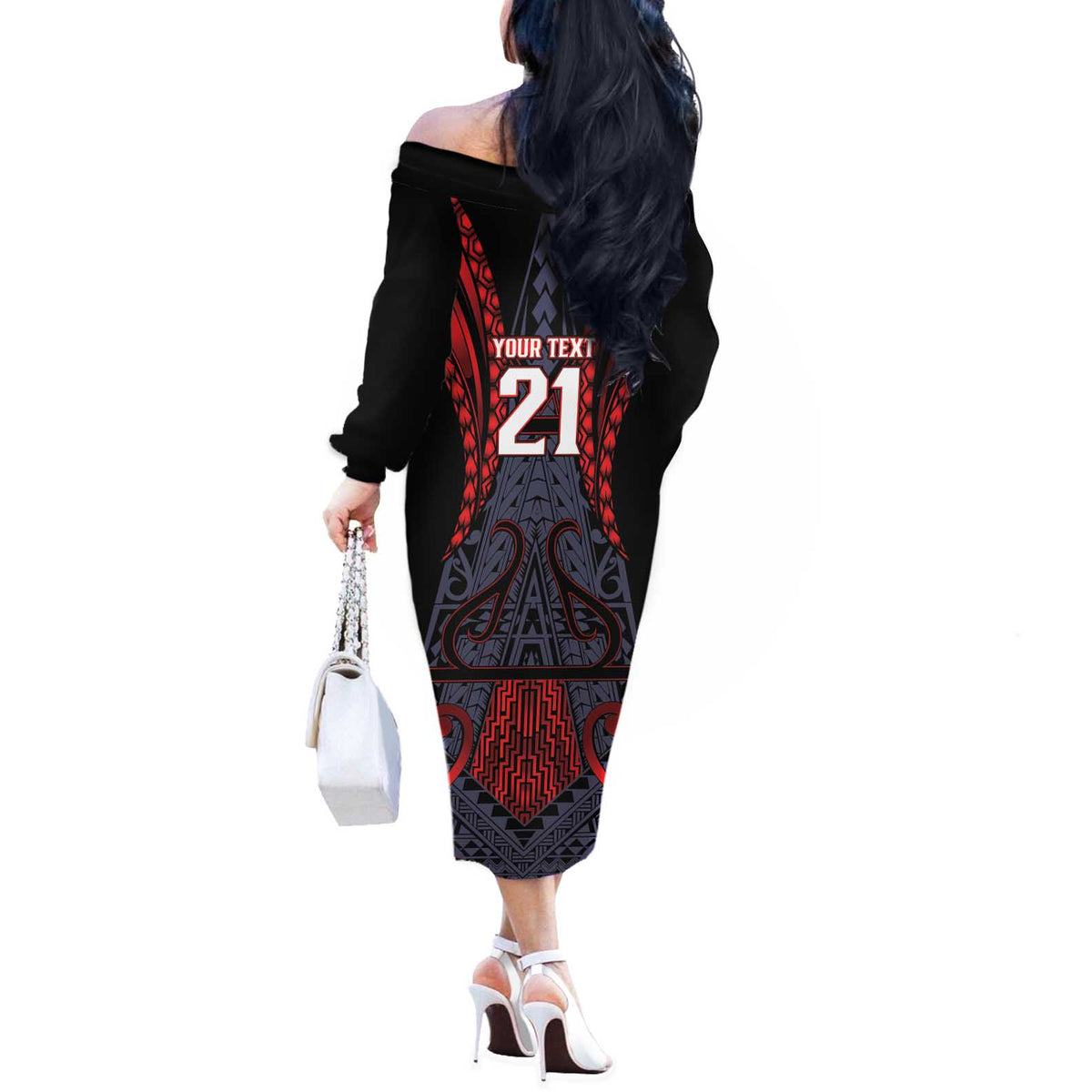 Custom New Zealand Off The Shoulder Long Sleeve Dress Maori Kiwiana Pattern Tukutuku Motif LT9 - Polynesian Pride