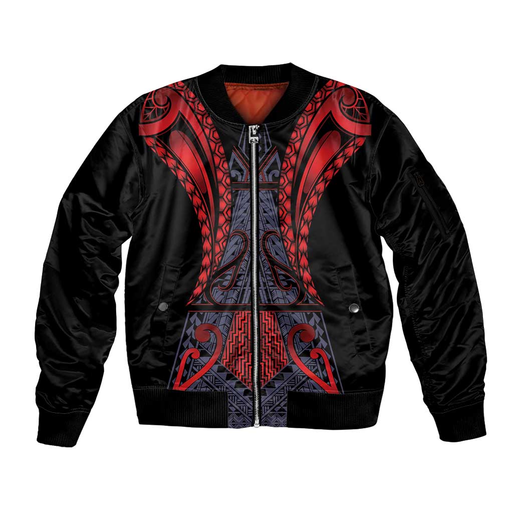 Custom New Zealand Sleeve Zip Bomber Jacket Maori Kiwiana Pattern Tukutuku Motif LT9 Unisex Red - Polynesian Pride