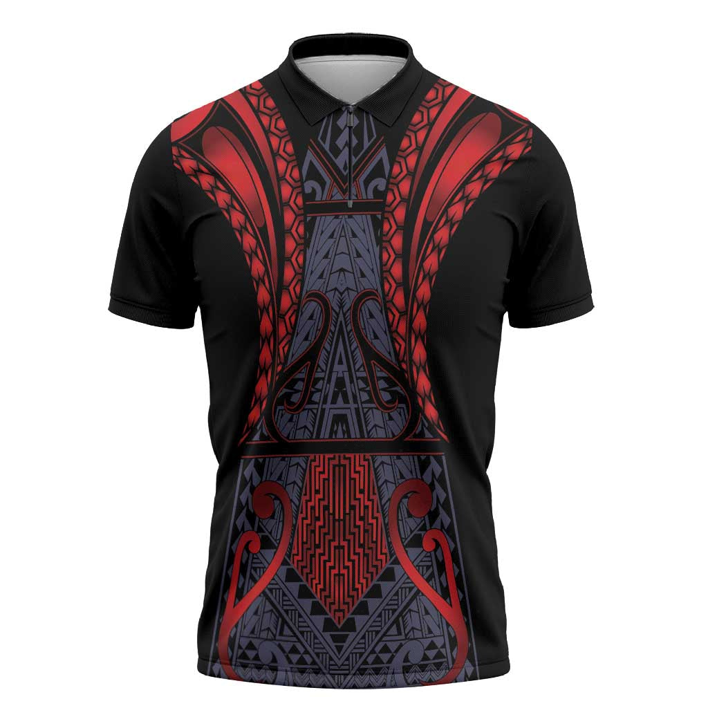 Custom New Zealand Zipper Polo Shirt Maori Kiwiana Pattern Tukutuku Motif LT9 Red - Polynesian Pride