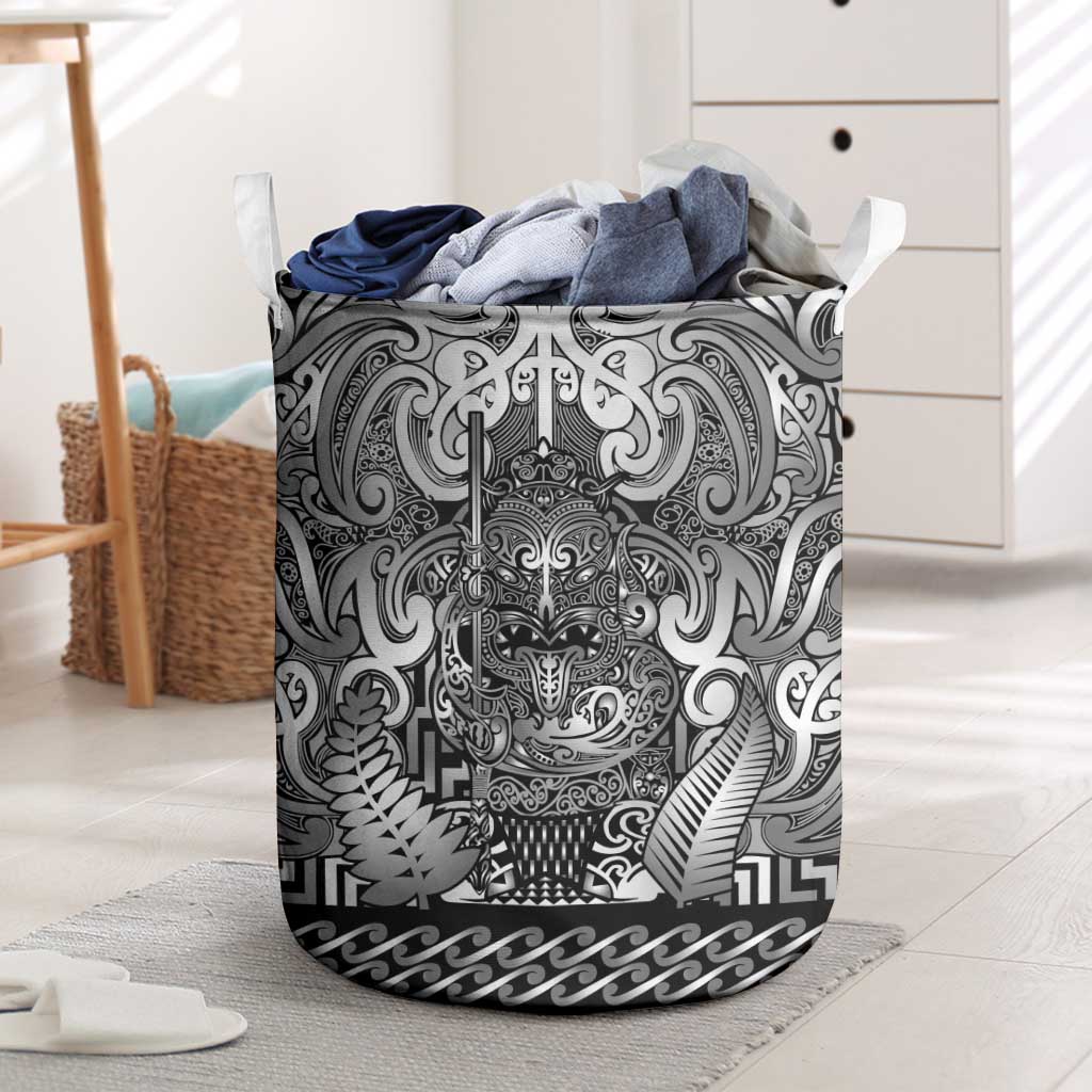 New Zealand Taiaha Maori Laundry Basket Kiwikiwi Minimalist Silver Fern Tukutuku Motif LT9 White - Polynesian Pride