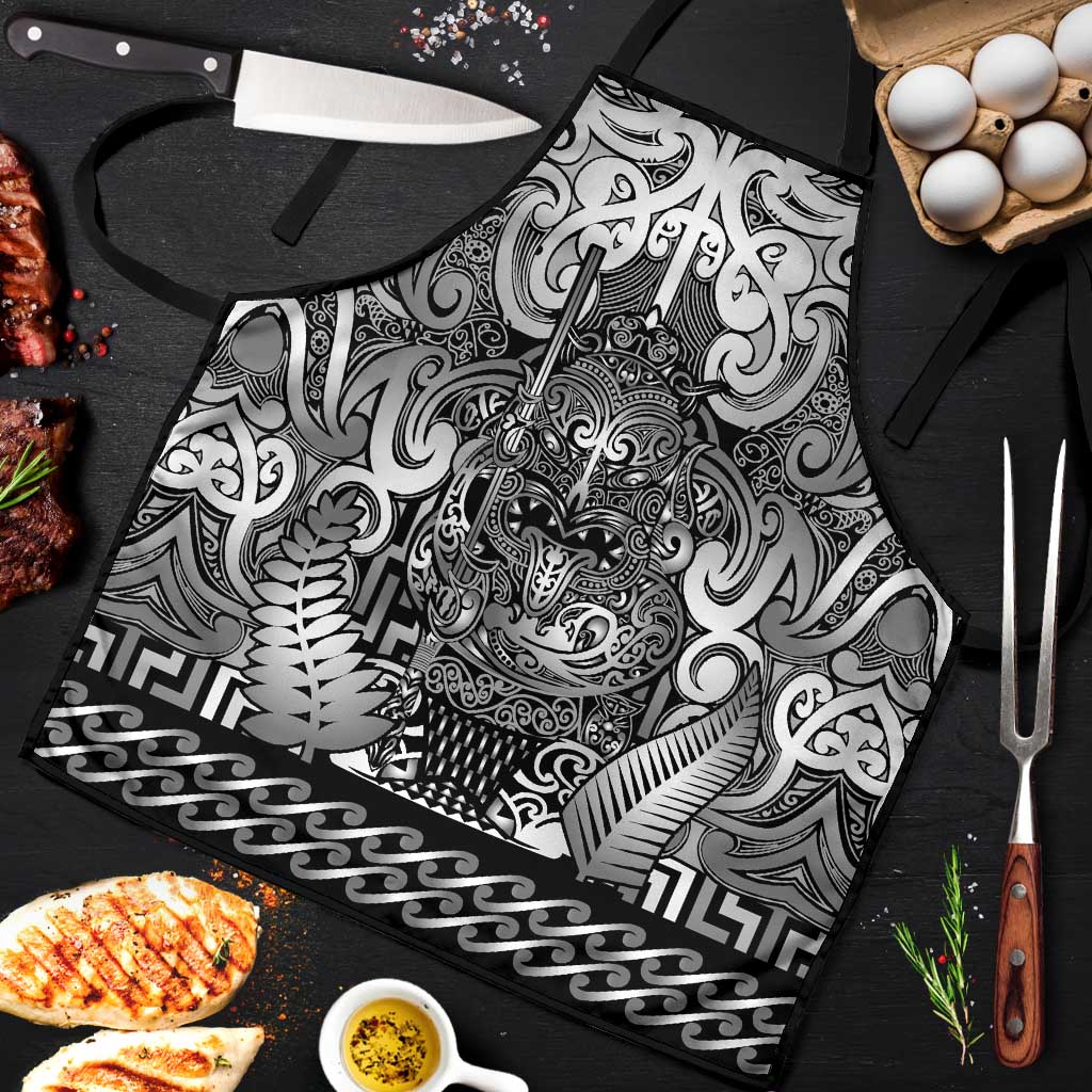 New Zealand Taiaha Maori Apron Kiwikiwi Minimalist Silver Fern Tukutuku Motif LT9 White - Polynesian Pride