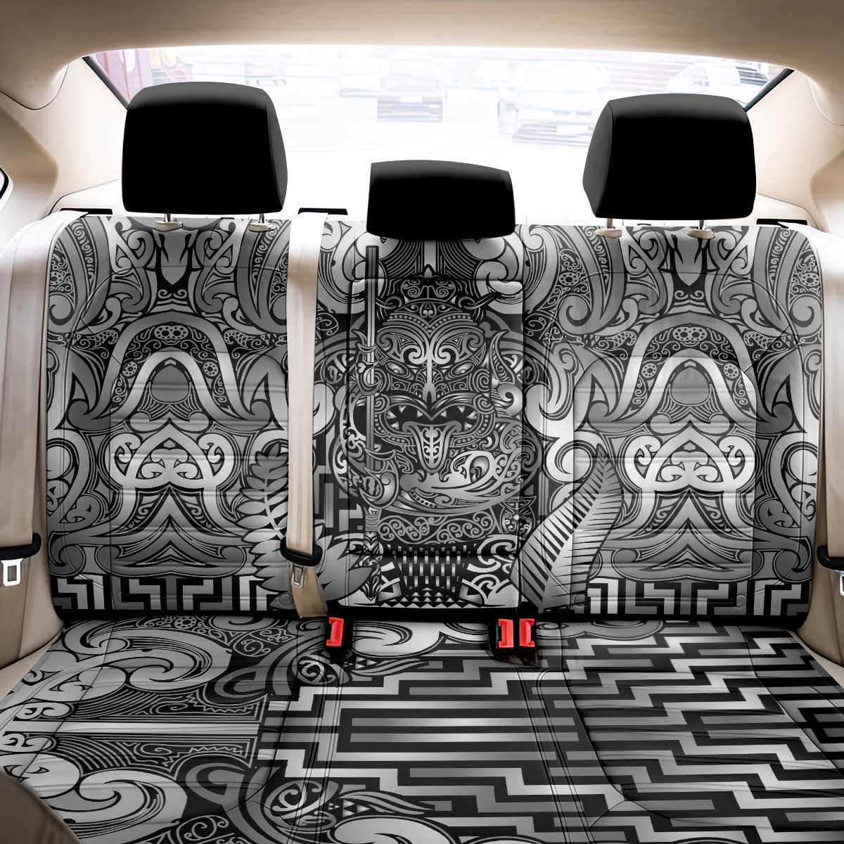 New Zealand Taiaha Maori Back Car Seat Cover Kiwikiwi Minimalist Silver Fern Tukutuku Motif LT9 - Polynesian Pride