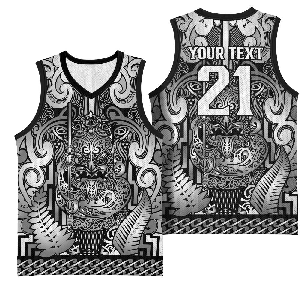 Custom New Zealand Taiaha Maori Basketball Jersey Kiwikiwi Minimalist Silver Fern Tukutuku Motif LT9 - Polynesian Pride